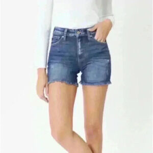 High rise frayed stretch denim shorts